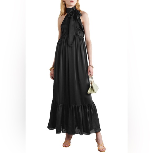 $750 ZIMMERMANN Gathered Silk-satin Halterneck Maxi Dress Black Size 1